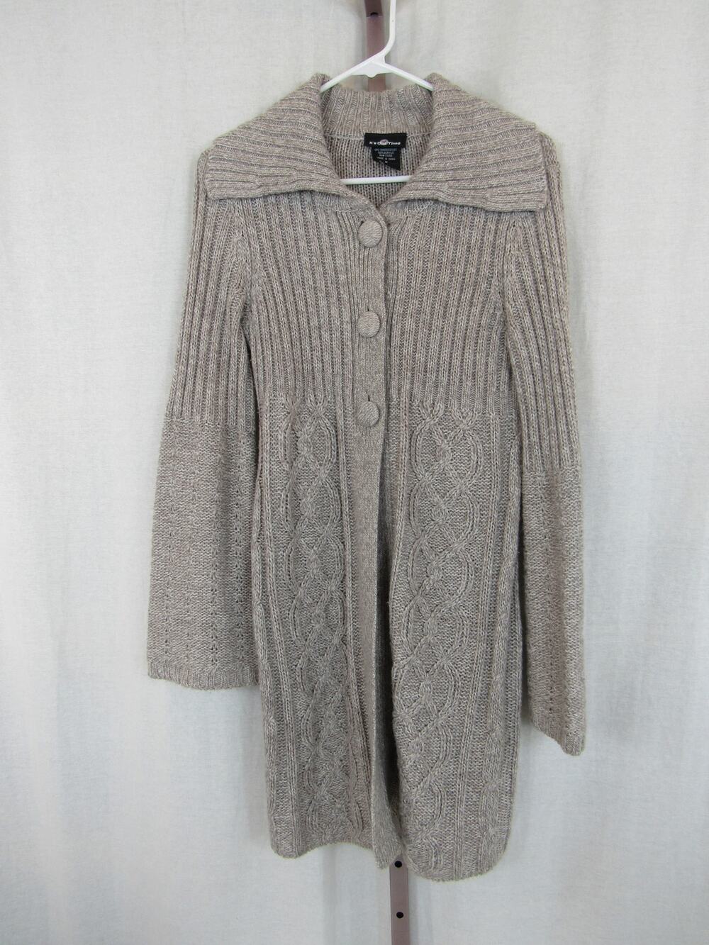 It's Our Time Medium Cable Knit Cardigan Collared Open Front Oatmeal Sweater